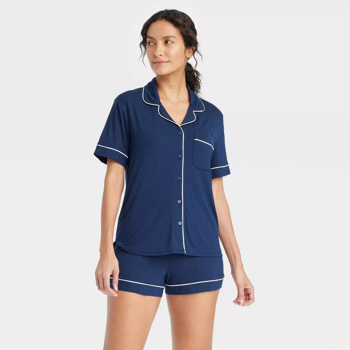 Women'S Cloud Knit Modal Short Sleeve Notch Collar Top and Shorts Pajama Set - Auden