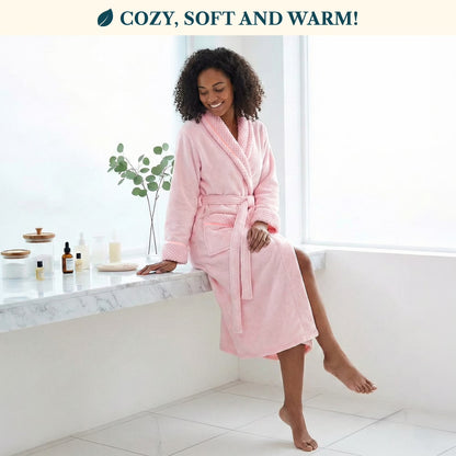 Womens Plush Fleece Robe, Soft Cozy Long Bathrobe, Light Pink L/XL