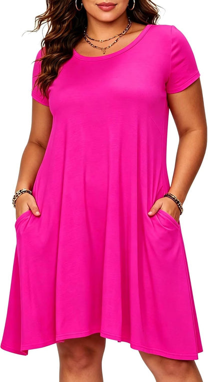 Womens Short Sleeve Loose Pockets Dress Casual Swing T-Shirt Dresses