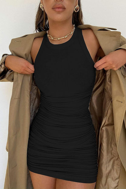 Women Sleeveless Bodycon Ruched Short Dress Side Drawstring Solid Crew Neck Casual Summer Tank Shirt Mini Dresses (Tank Black, Medium)
