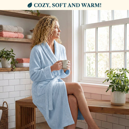 Womens Plush Fleece Robe, Soft Cozy Long Bathrobe, Light Blue S/M