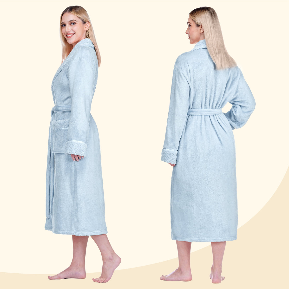 Womens Plush Fleece Robe, Soft Cozy Long Bathrobe, Light Blue S/M