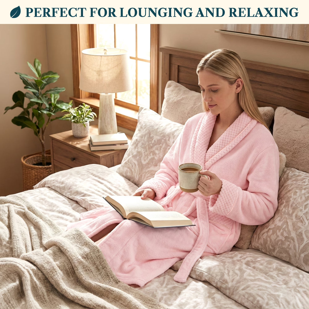 Womens Plush Fleece Robe, Soft Cozy Long Bathrobe, Light Pink L/XL