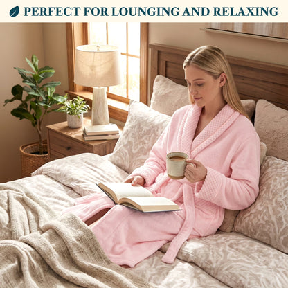 Womens Plush Fleece Robe, Soft Cozy Long Bathrobe, Light Pink L/XL