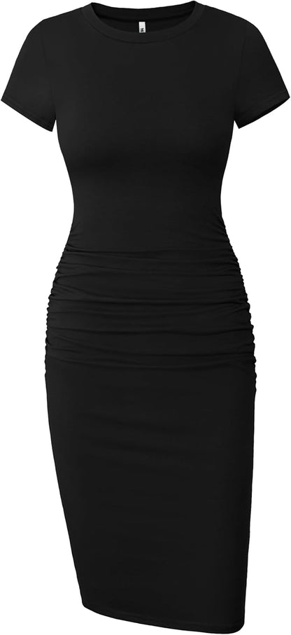 Women'S Short Sleeve Ruched Casual Sundress Midi Bodycon T Shirt Dress