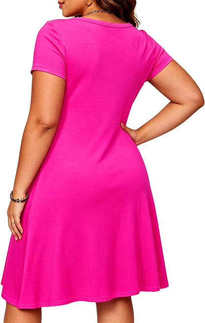 Womens Short Sleeve Loose Pockets Dress Casual Swing T-Shirt Dresses