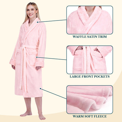Womens Plush Fleece Robe, Soft Cozy Long Bathrobe, Light Pink L/XL