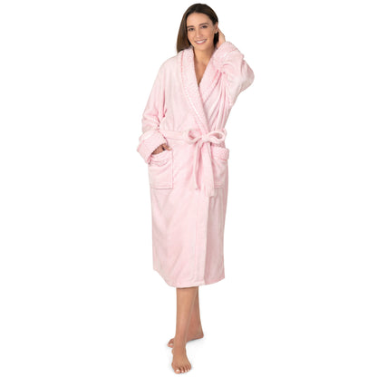 Womens Plush Fleece Robe, Soft Cozy Long Bathrobe, Light Pink L/XL
