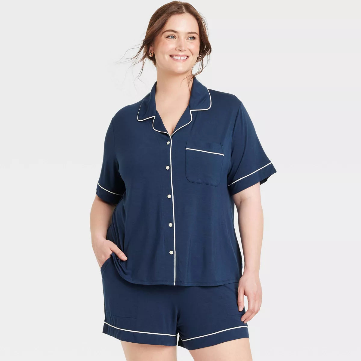 Women'S Cloud Knit Modal Short Sleeve Notch Collar Top and Shorts Pajama Set - Auden