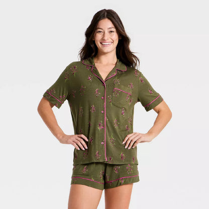 Women'S Cloud Knit Modal Short Sleeve Notch Collar Top and Shorts Pajama Set - Auden