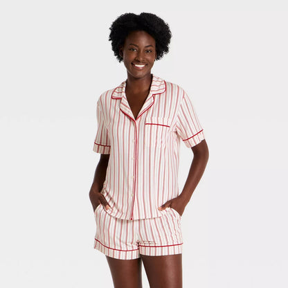 Women'S Cloud Knit Modal Short Sleeve Notch Collar Top and Shorts Pajama Set - Auden