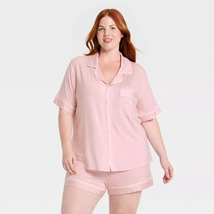 Women'S Cloud Knit Modal Short Sleeve Notch Collar Top and Shorts Pajama Set - Auden