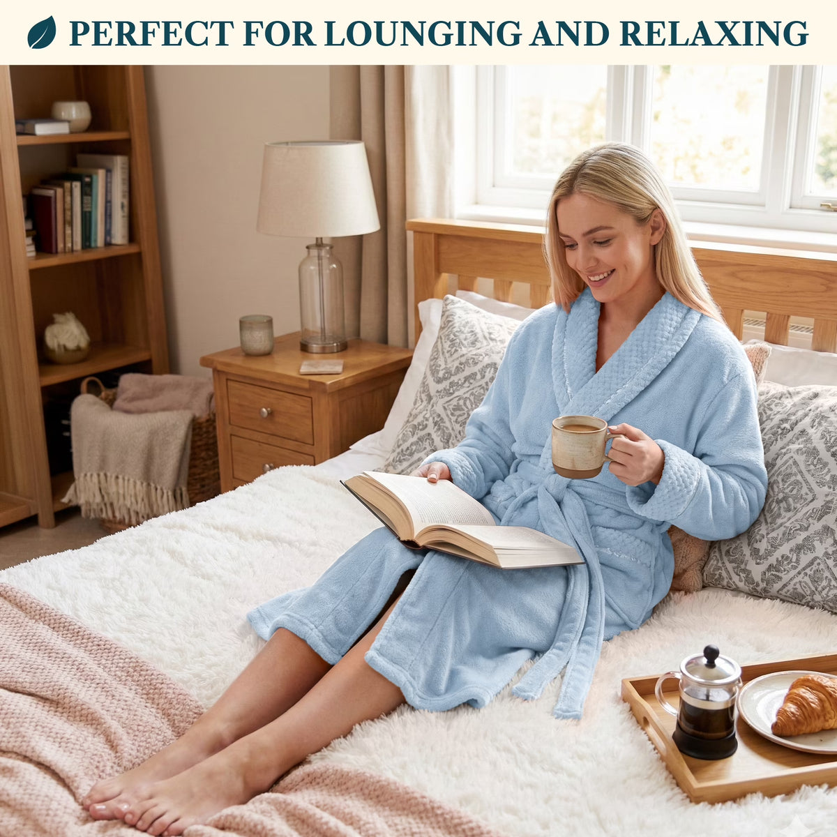 Womens Plush Fleece Robe, Soft Cozy Long Bathrobe, Light Blue S/M