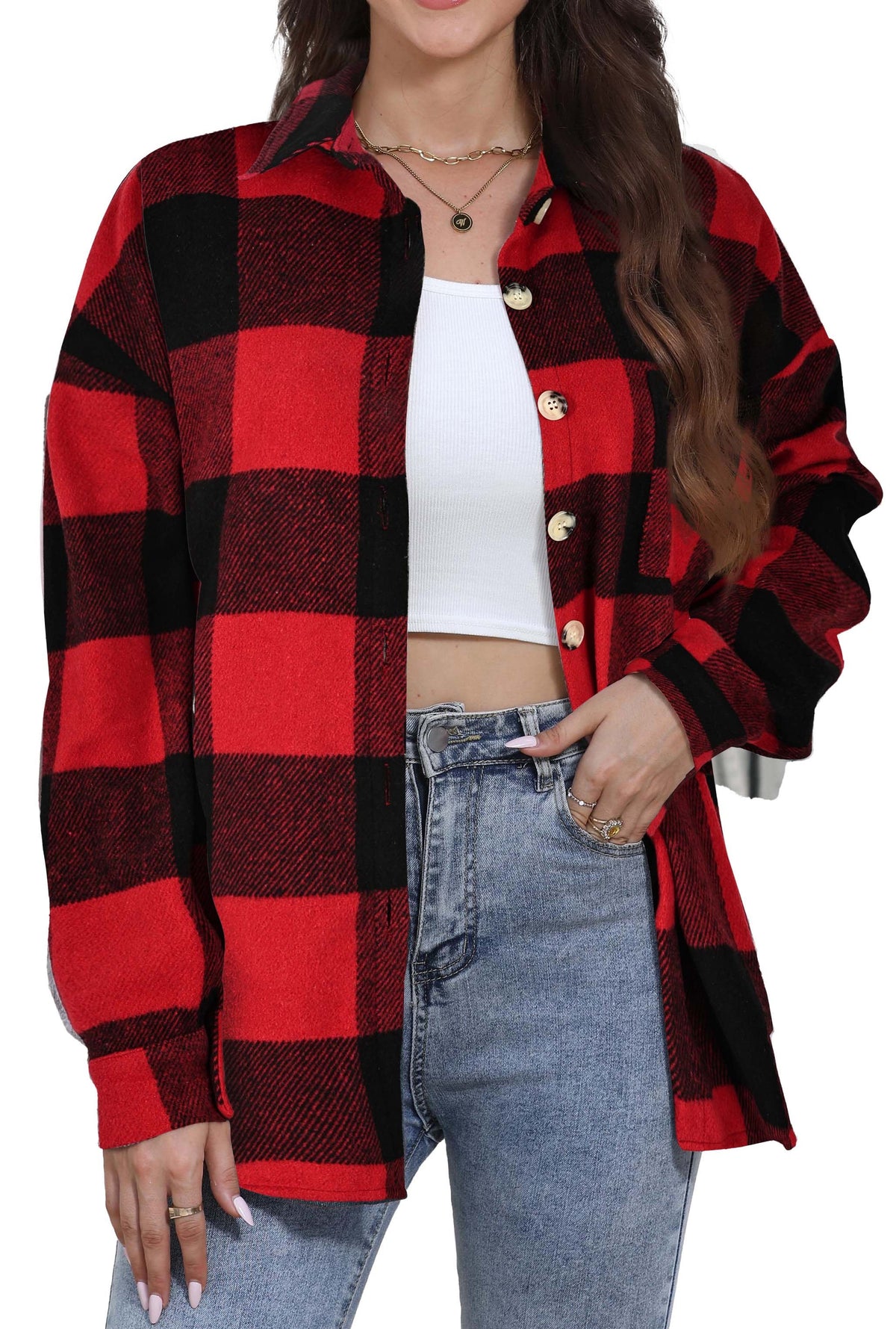 Womens Plaid Shirts Flannel Shacket Jacket Long Sleeve Button down Boyfriend Shirt Coats
