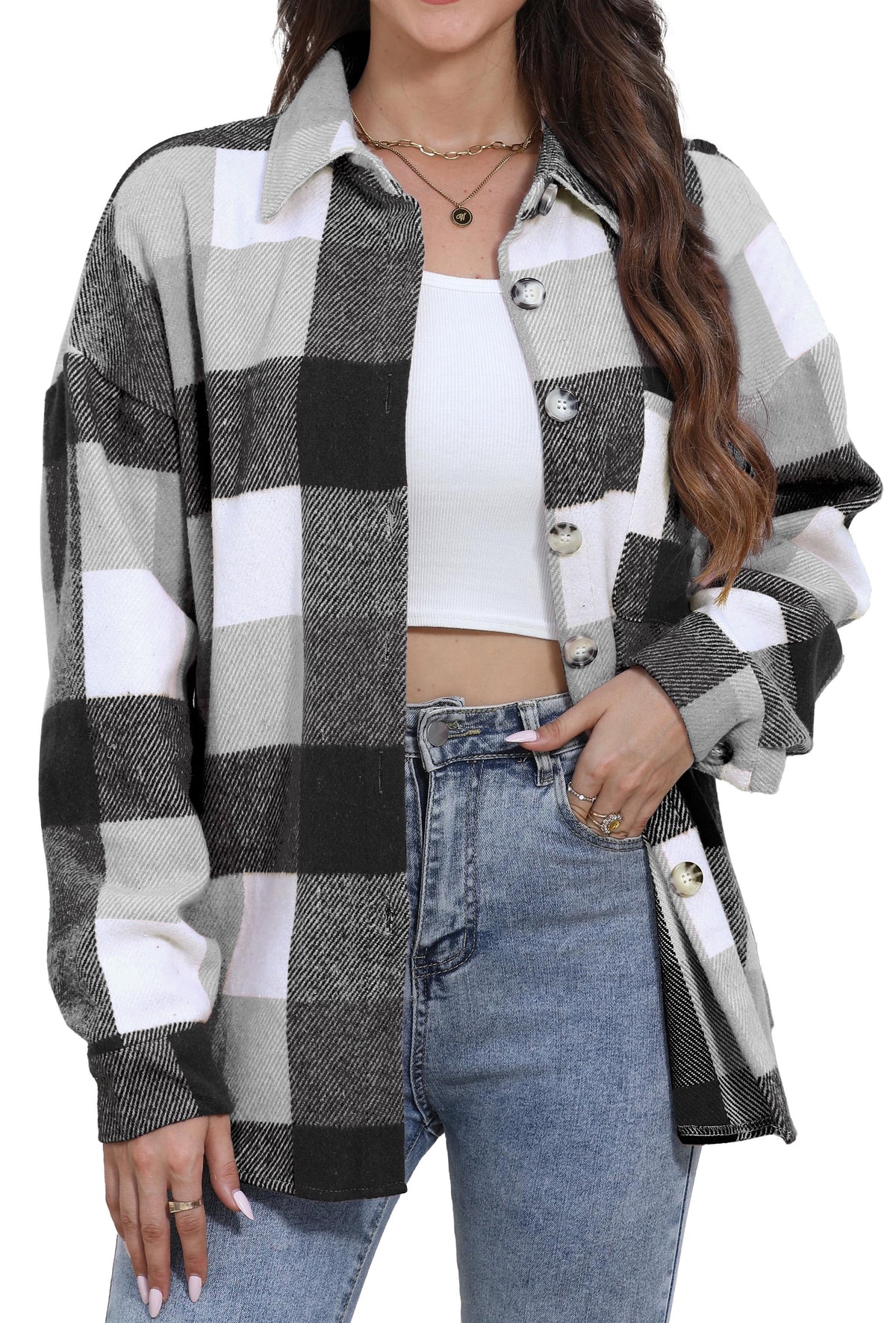 Womens Plaid Shirts Flannel Shacket Jacket Long Sleeve Button down Boyfriend Shirt Coats