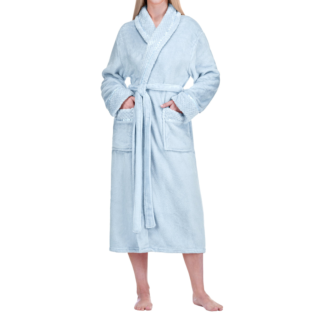 Womens Plush Fleece Robe, Soft Cozy Long Bathrobe, Light Blue S/M