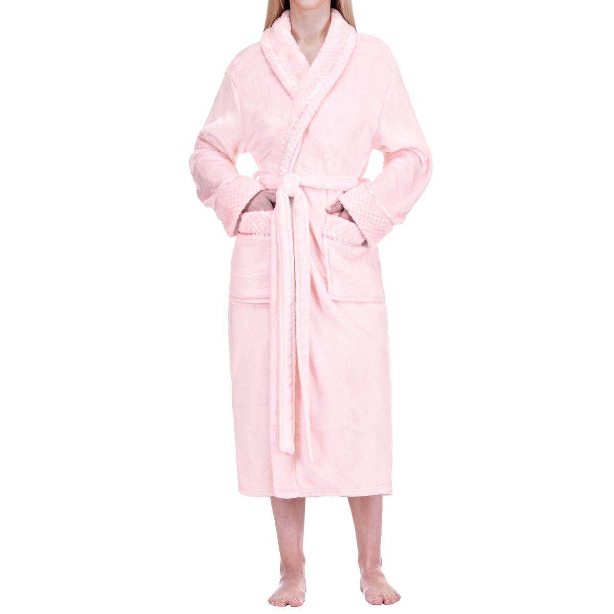 Womens Plush Fleece Robe, Soft Cozy Long Bathrobe, Light Pink L/XL