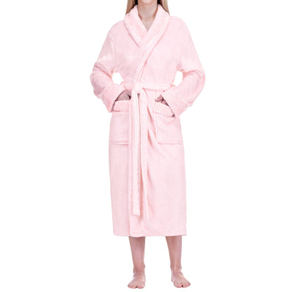 Womens Plush Fleece Robe, Soft Cozy Long Bathrobe, Light Pink L/XL