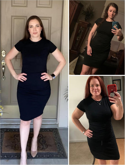 Women'S Short Sleeve Ruched Casual Sundress Midi Bodycon T Shirt Dress