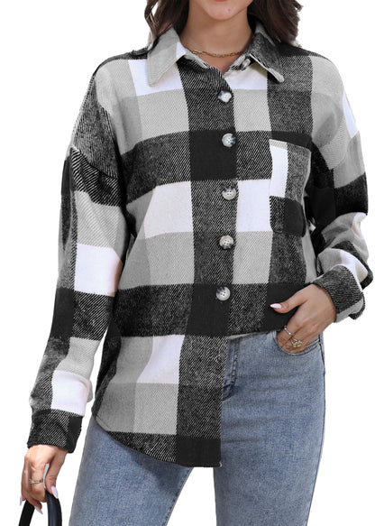 Womens Plaid Shirts Flannel Shacket Jacket Long Sleeve Button down Boyfriend Shirt Coats
