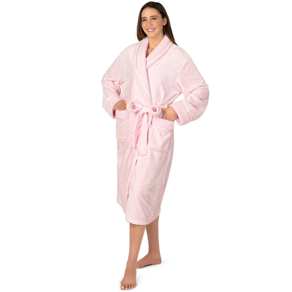 Womens Plush Fleece Robe, Soft Cozy Long Bathrobe, Light Pink L/XL