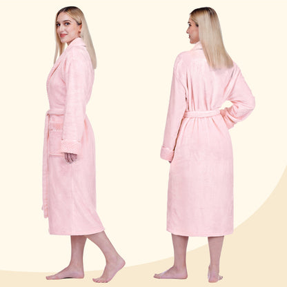 Womens Plush Fleece Robe, Soft Cozy Long Bathrobe, Light Pink L/XL