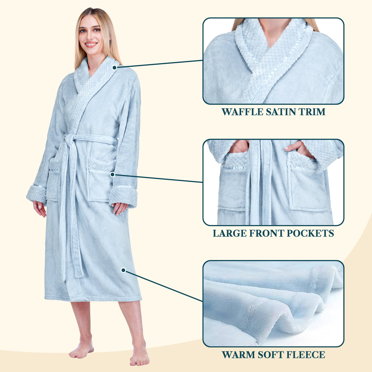 Womens Plush Fleece Robe, Soft Cozy Long Bathrobe, Light Blue S/M