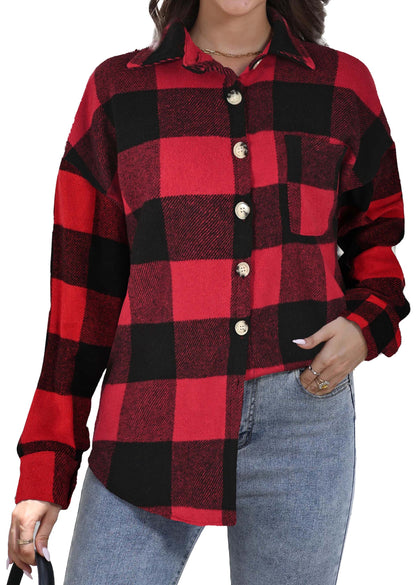 Womens Plaid Shirts Flannel Shacket Jacket Long Sleeve Button down Boyfriend Shirt Coats