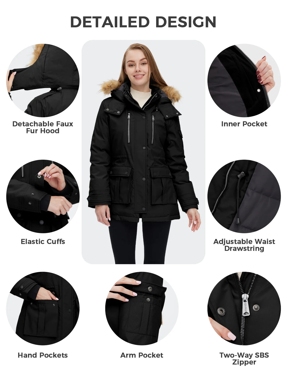 Women'S Recycled Winter Coat Thickened Winter Jacket Hooded Parka Jacket Black L