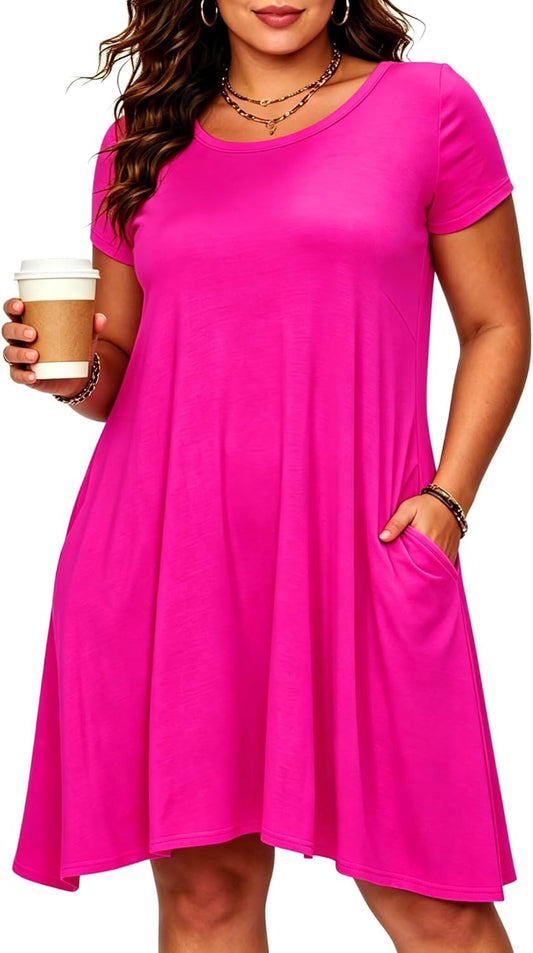 Womens Short Sleeve Loose Pockets Dress Casual Swing T-Shirt Dresses